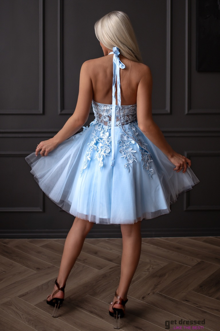 Gaiši zila tilla kleita ar tamborētām detaļām Addison