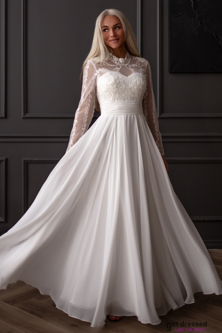 Eloise balta mežģīņu kāzu kleita