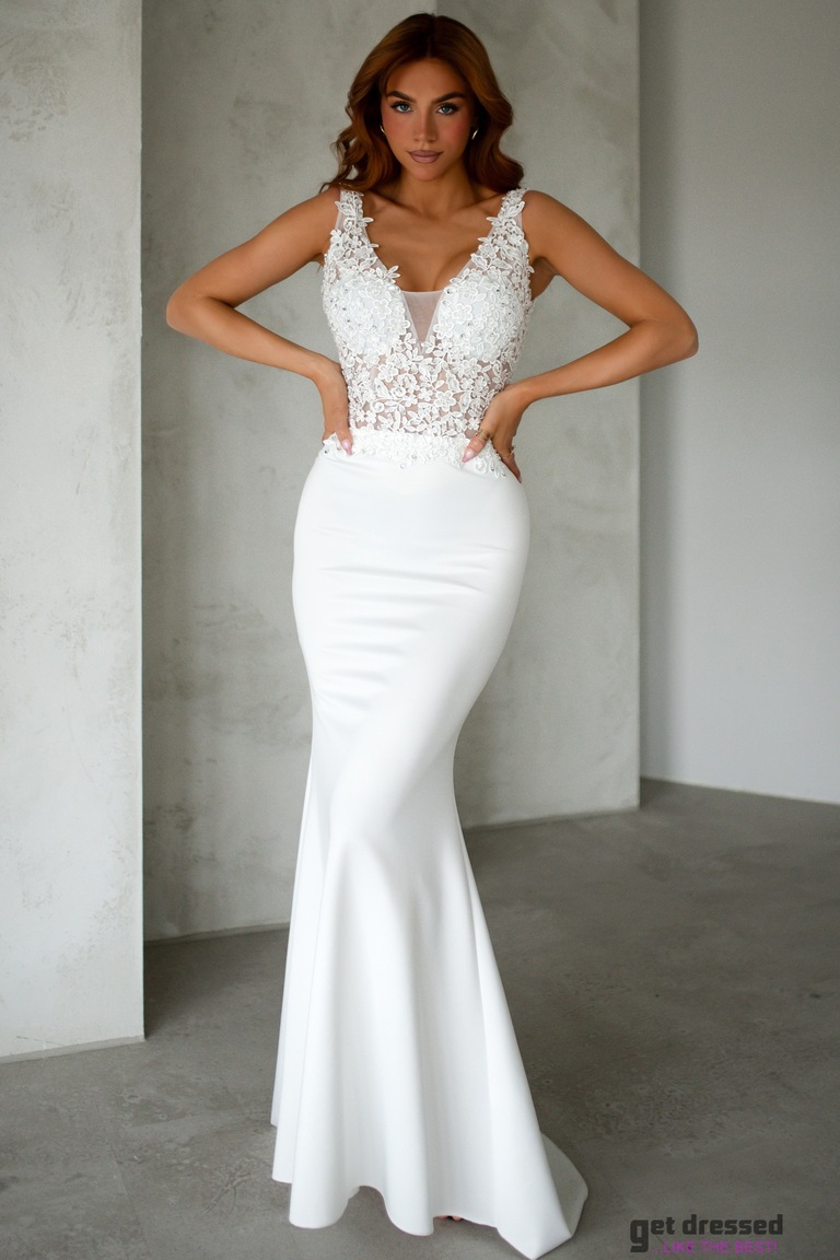 Balta izrotāta top kāzu kleita Adeelei