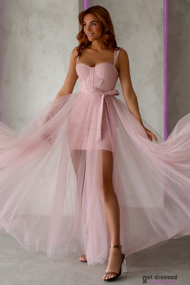 Gaiši rozā maxi kleita ar tilla svārkiem Kati