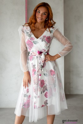 Rozā ziedu balta tilla kleita Nihan