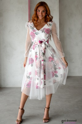 Rozā ziedu balta tilla kleita Nihan