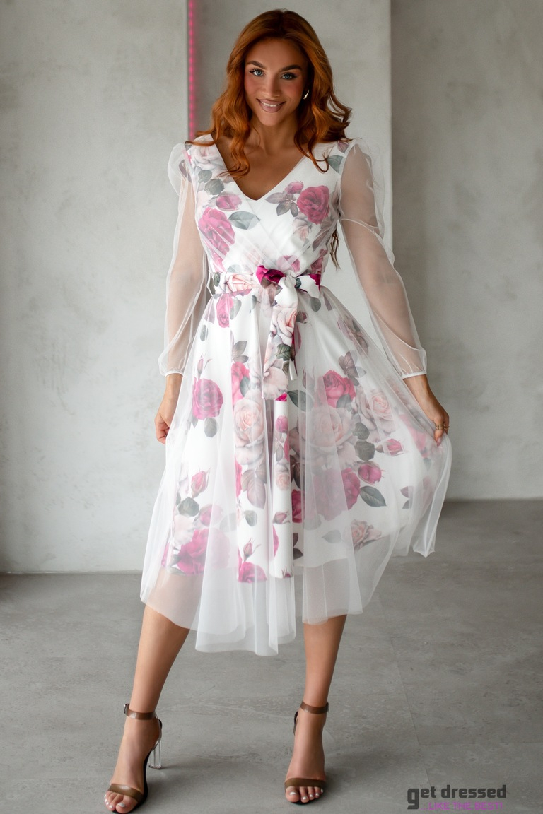 Rozā ziedu balta tilla kleita Nihan