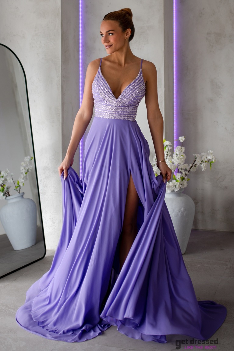 Kristen ceriņkrāsas izgreznota augšējā maxi kleita