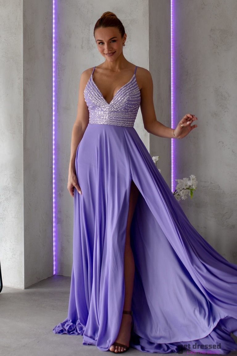 Kristen ceriņkrāsas izgreznota augšējā maxi kleita