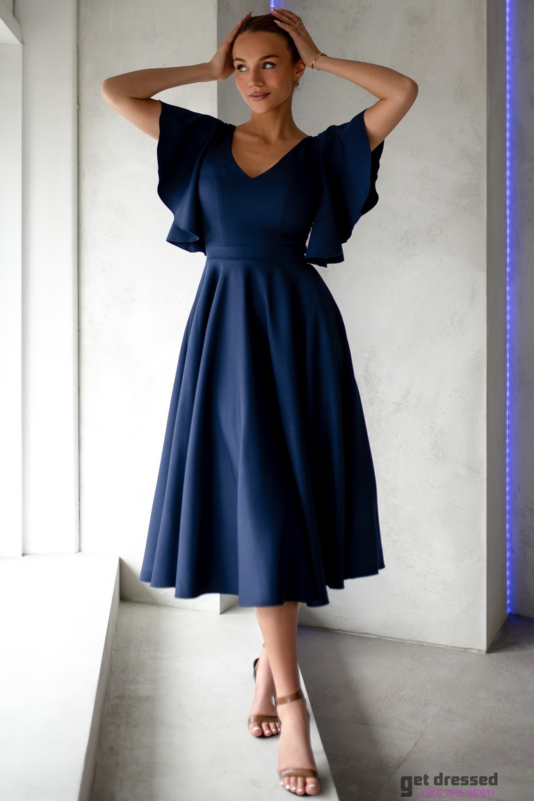 Tumši zila midi kleita ar volānu piedurknēm Loreen