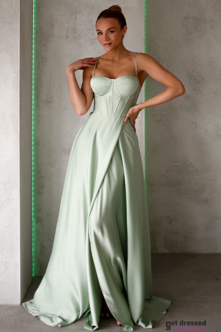Olīvzaļa maxi kleita ar satīna svārkiem Juliet
