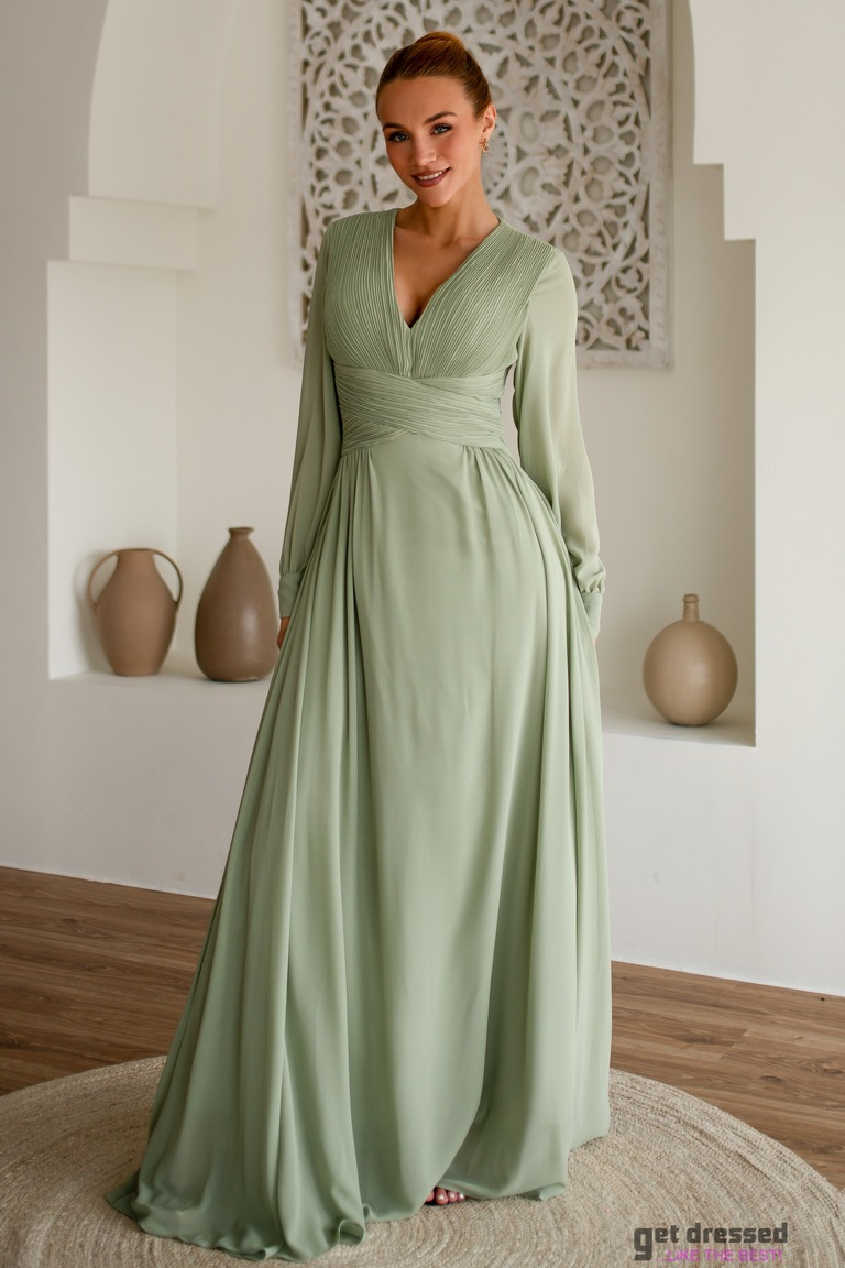 Olīvzaļa šifona maksi kleita Kassandra