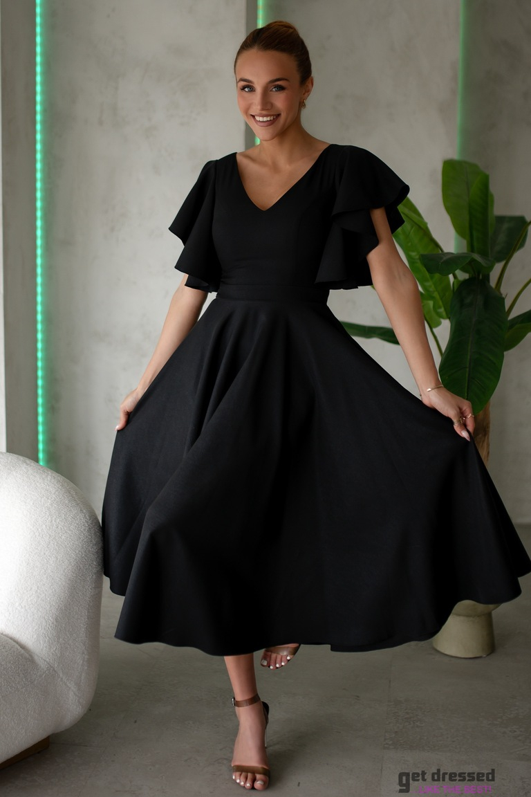 Melna midi kleita ar volānu piedurknēm Loreen