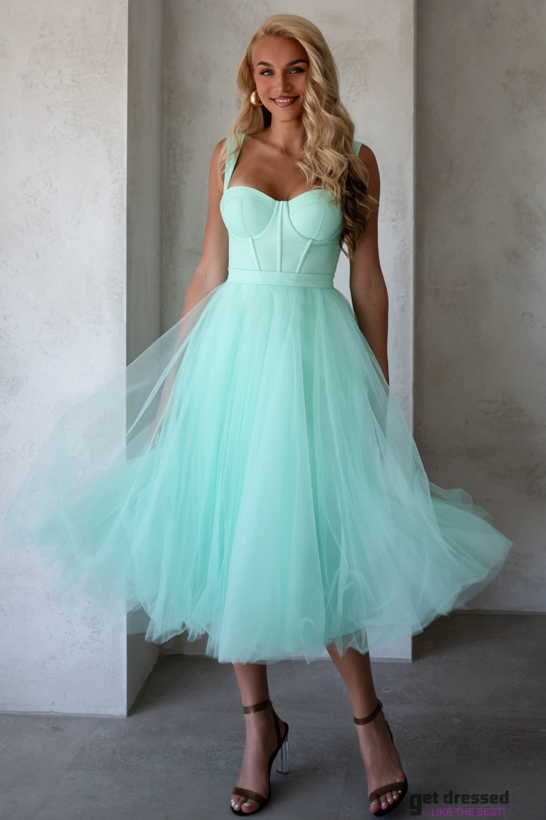 Piparmētru zaļa tilla kleita ar korseti Katriina