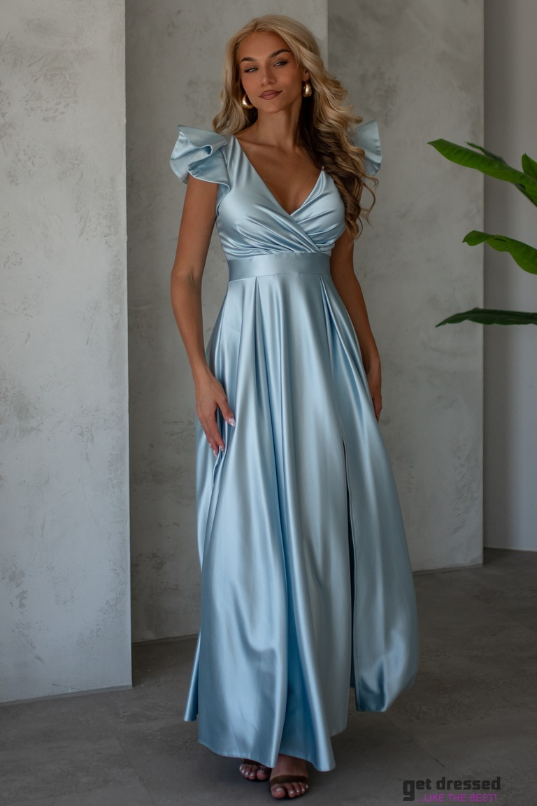 Gaiši zila satīna maxi kleita ar volāniem pleciem Roxy
