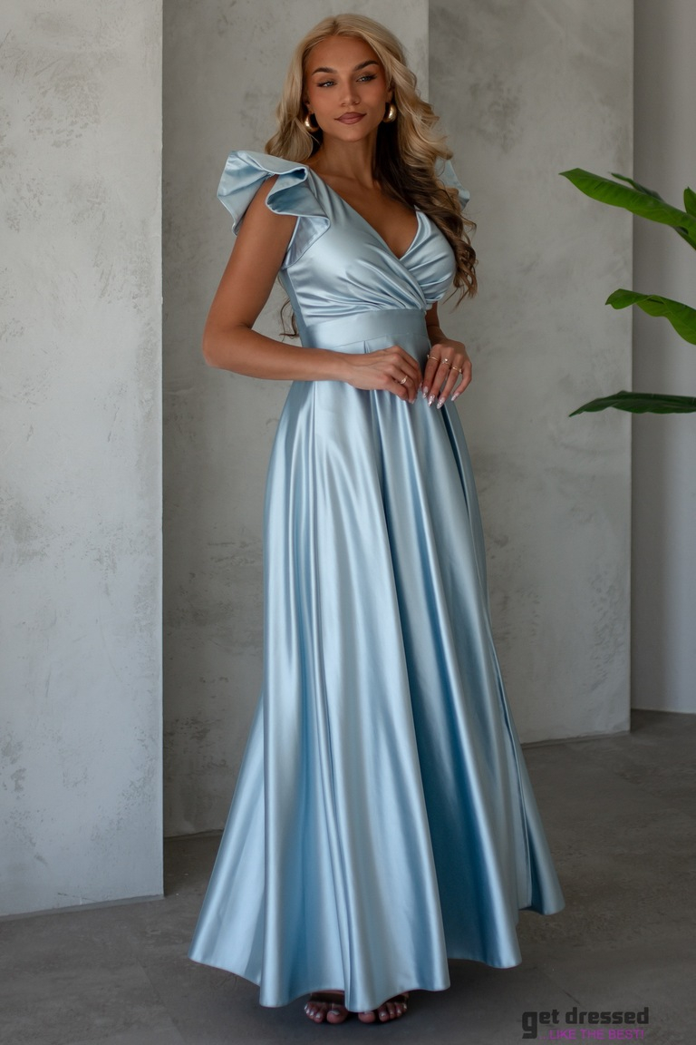 Gaiši zila satīna maxi kleita ar volāniem pleciem Roxy