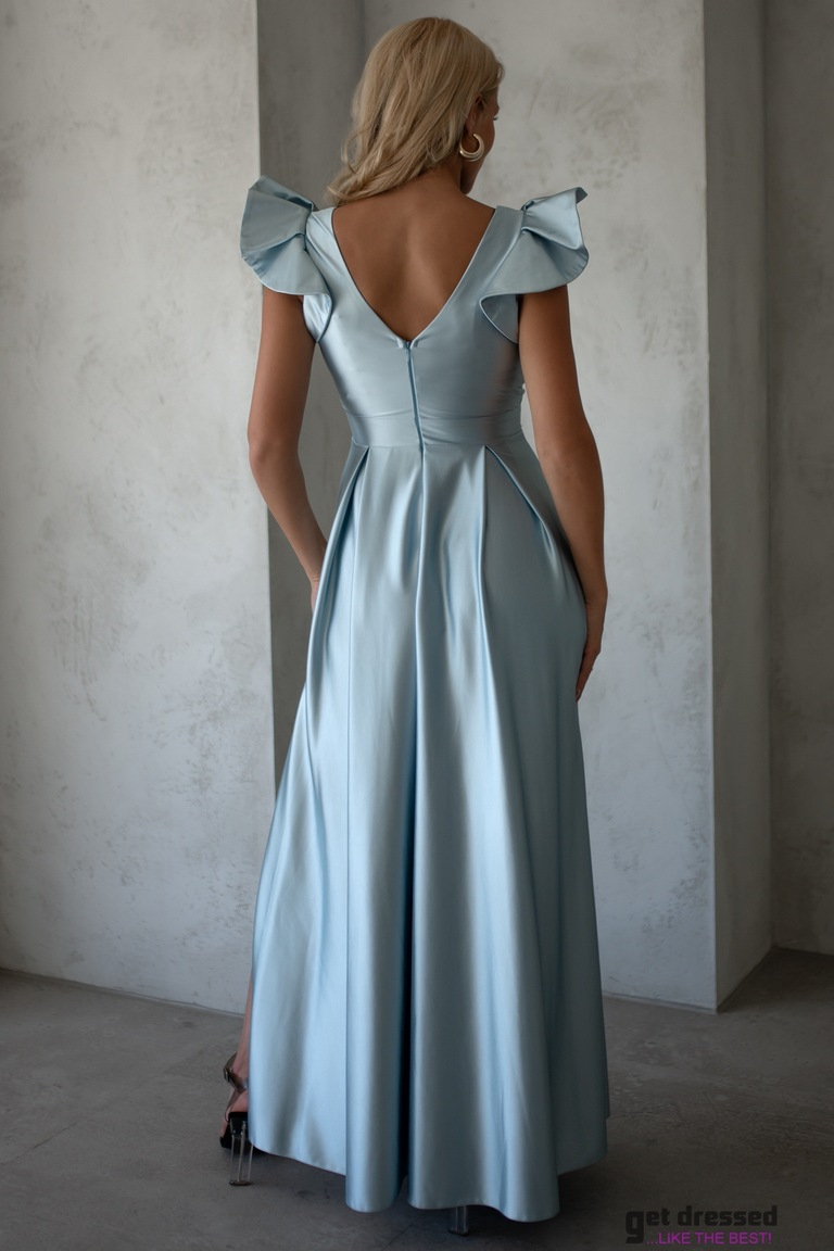 Gaiši zila satīna maxi kleita ar volāniem pleciem Roxy