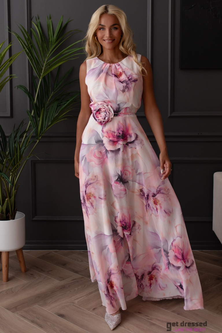 Angela gaiši rozā ziedu maksi kleita