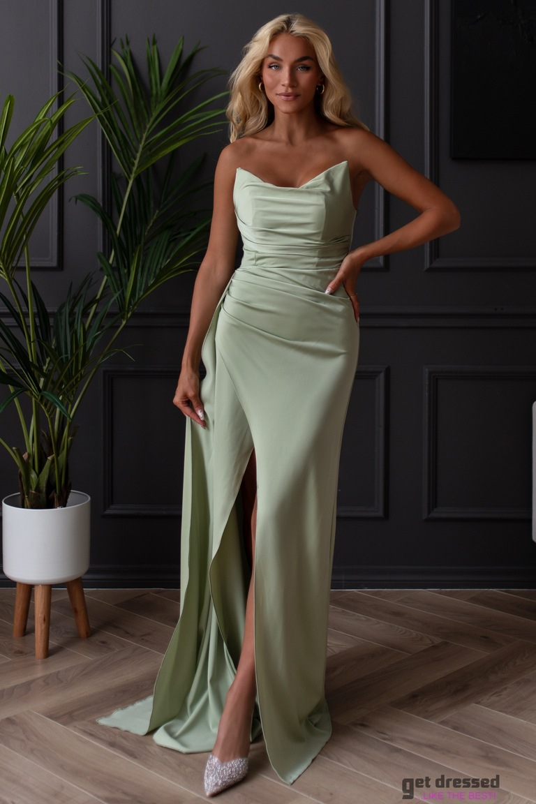 Olīvzaļa satīna maksi kleita Oliana