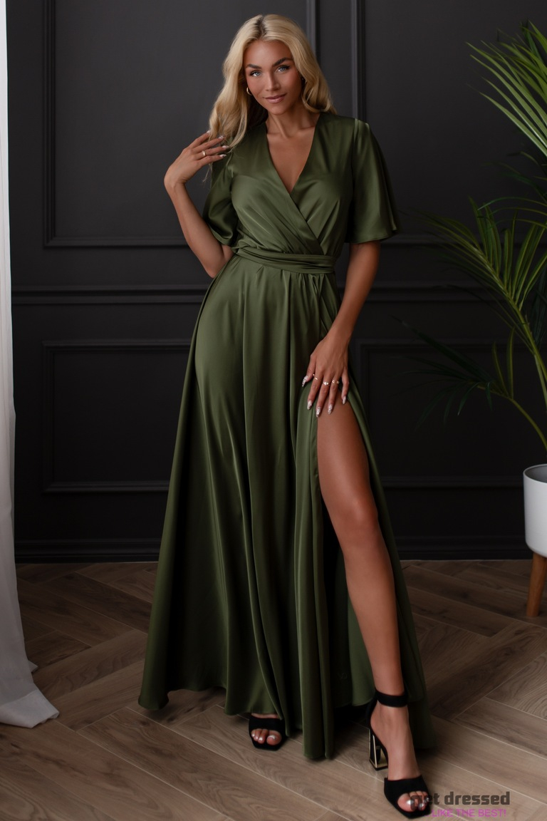 Haki satīna maxi kleita Zeynep