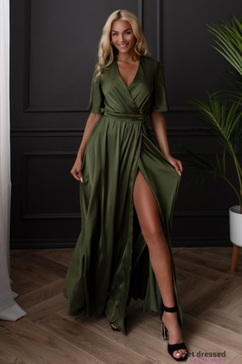 Haki satīna maxi kleita Zeynep