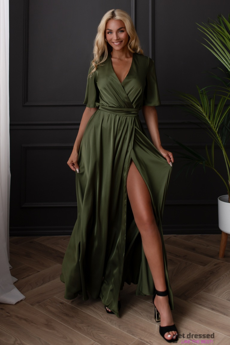 Haki satīna maxi kleita Zeynep