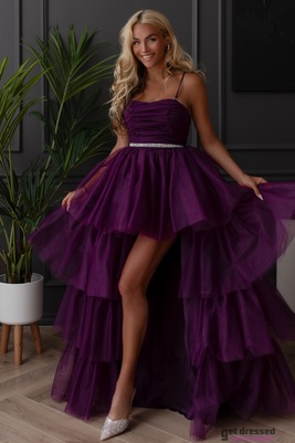 Plūmju violeta asimetriska tilla kleita Hannah