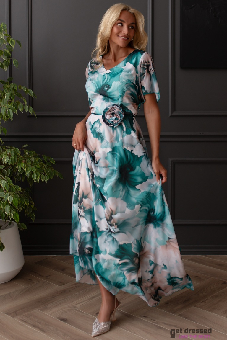 Noelle zaļa puķaina maxi kleita