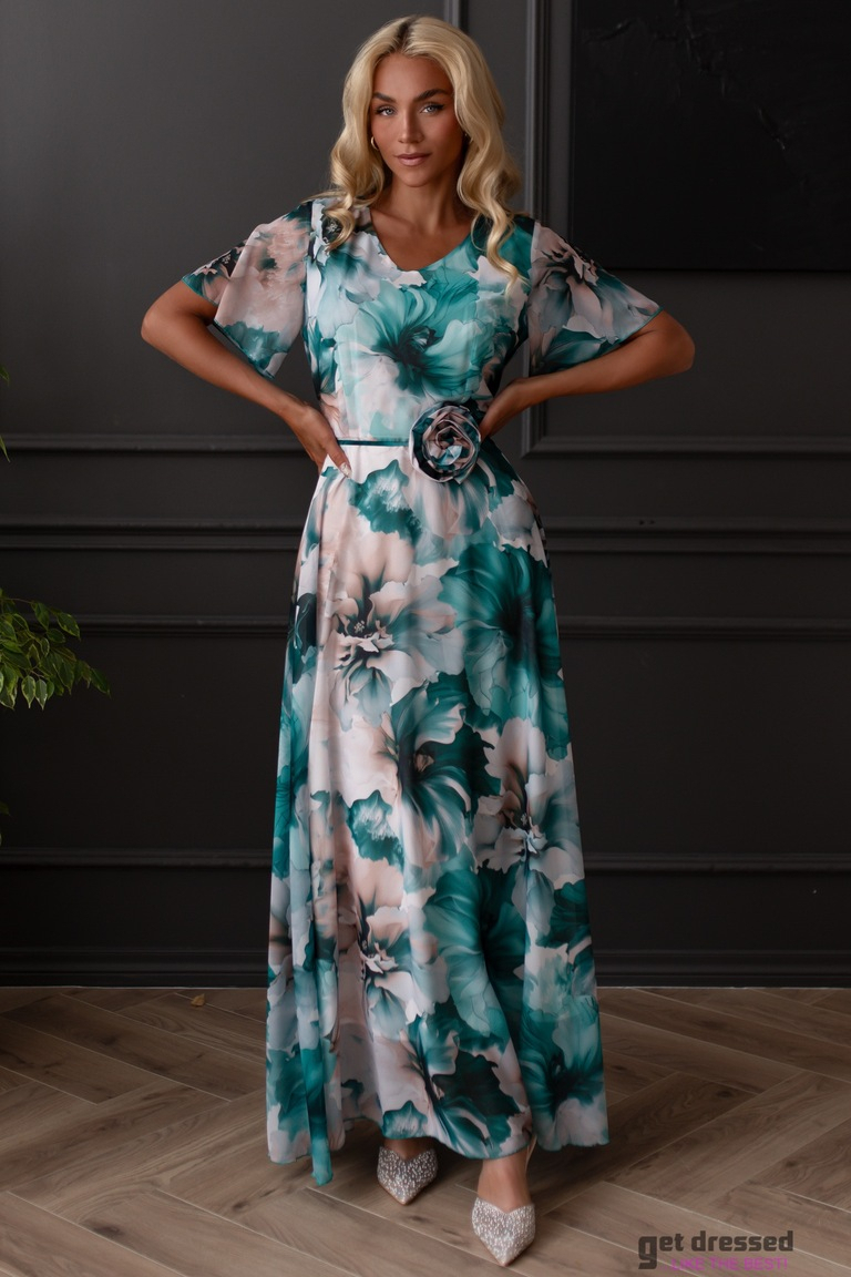 Noelle zaļa puķaina maxi kleita