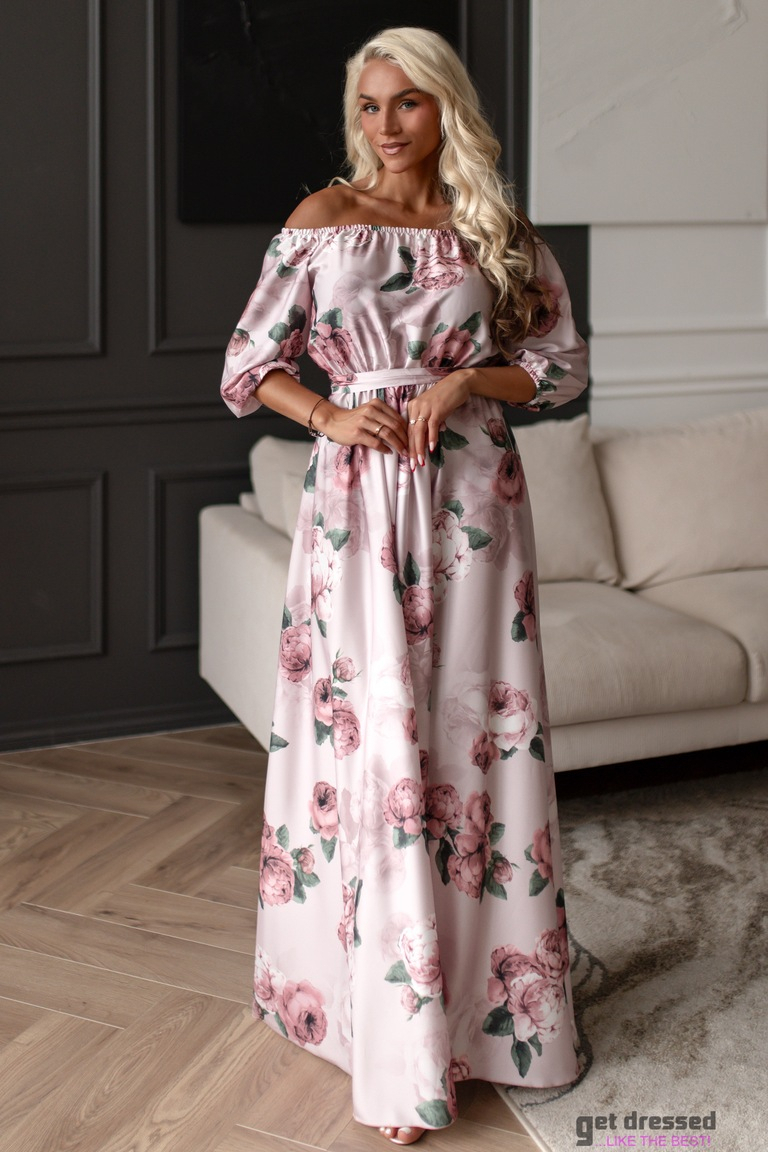 Melodiski putekļaini rozā ziedu maksi kleita
