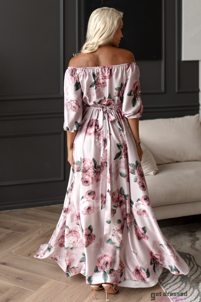 Melodiski putekļaini rozā ziedu maksi kleita