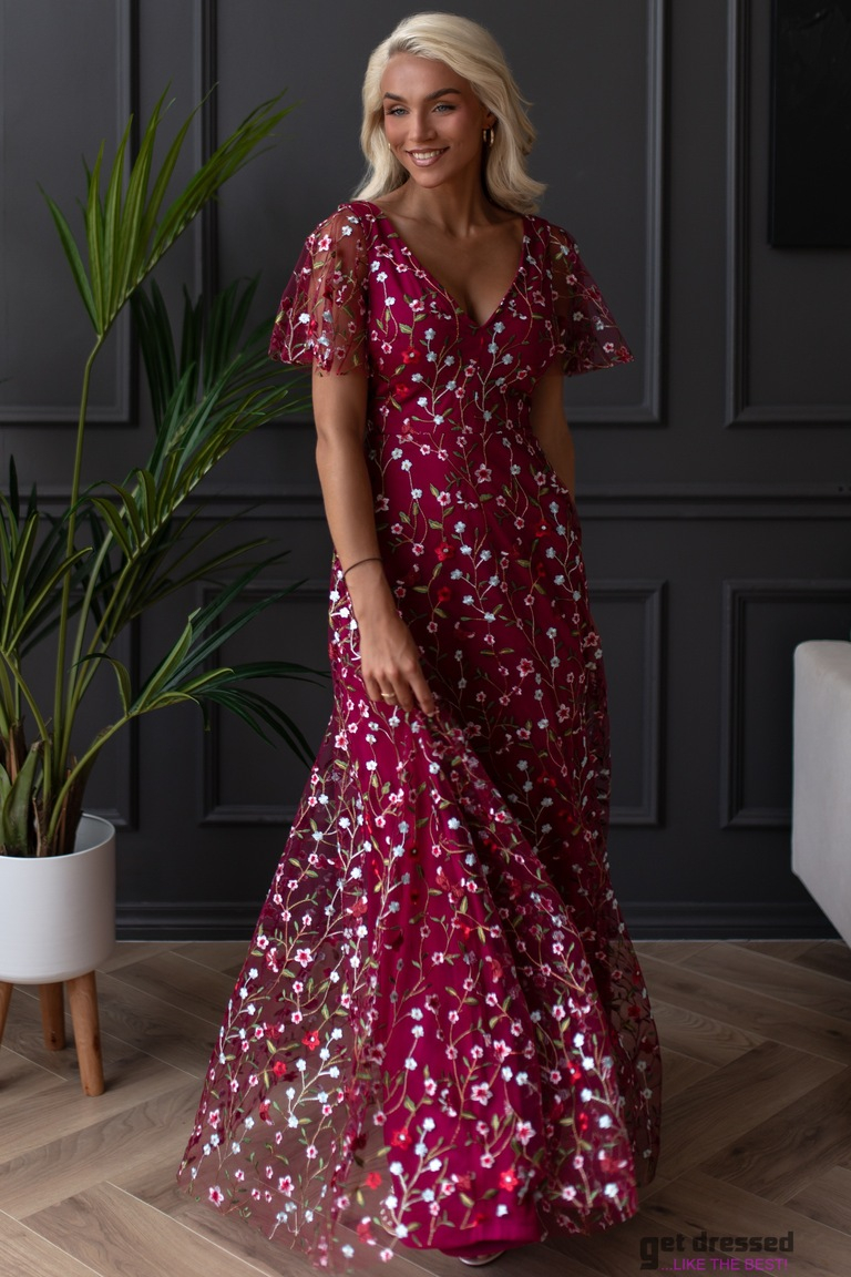 Tumši sarkana izšūta maxi kleita Leilani