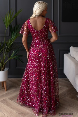 Tumši sarkana izšūta maxi kleita Leilani