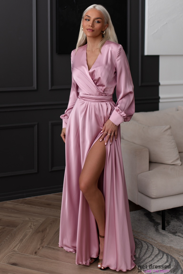 Gaiši rozā satīna maxi kleita Anzela