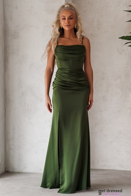 Khaki satīna maksi kleita Naomi