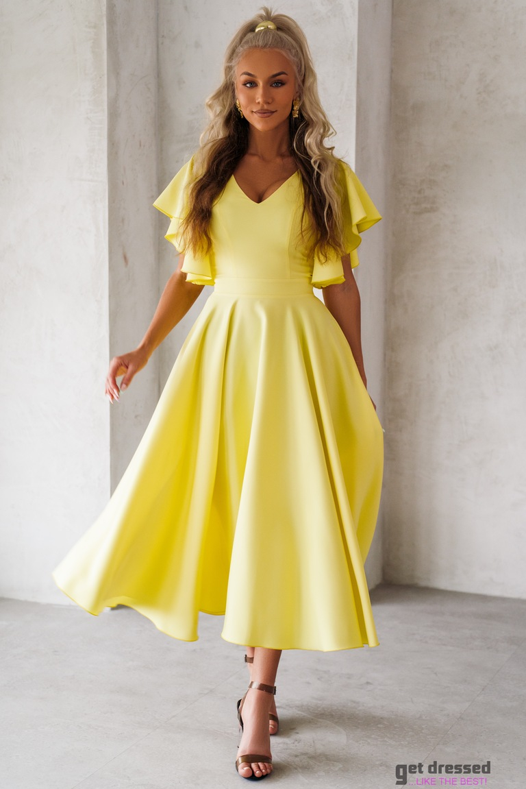 Dzeltena grezna midi kleita ar volānu piedurknēm Loreen