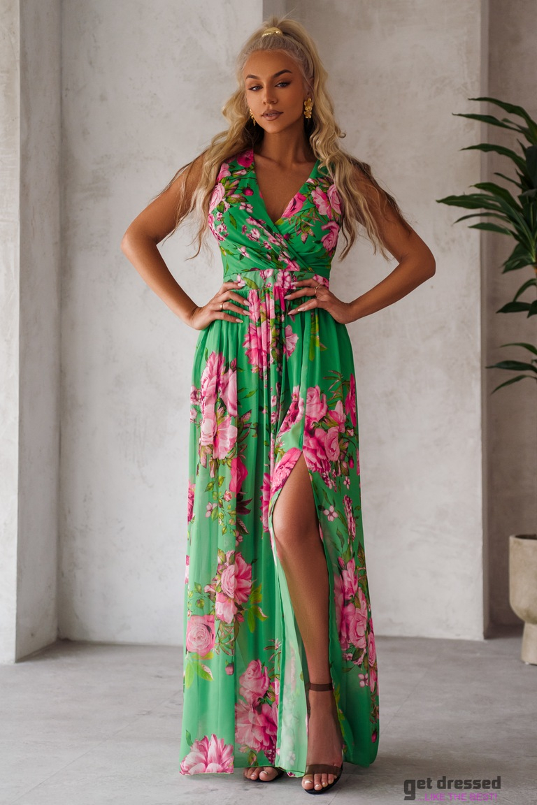 Zaļā ziedu raksta maksi kleita Piret