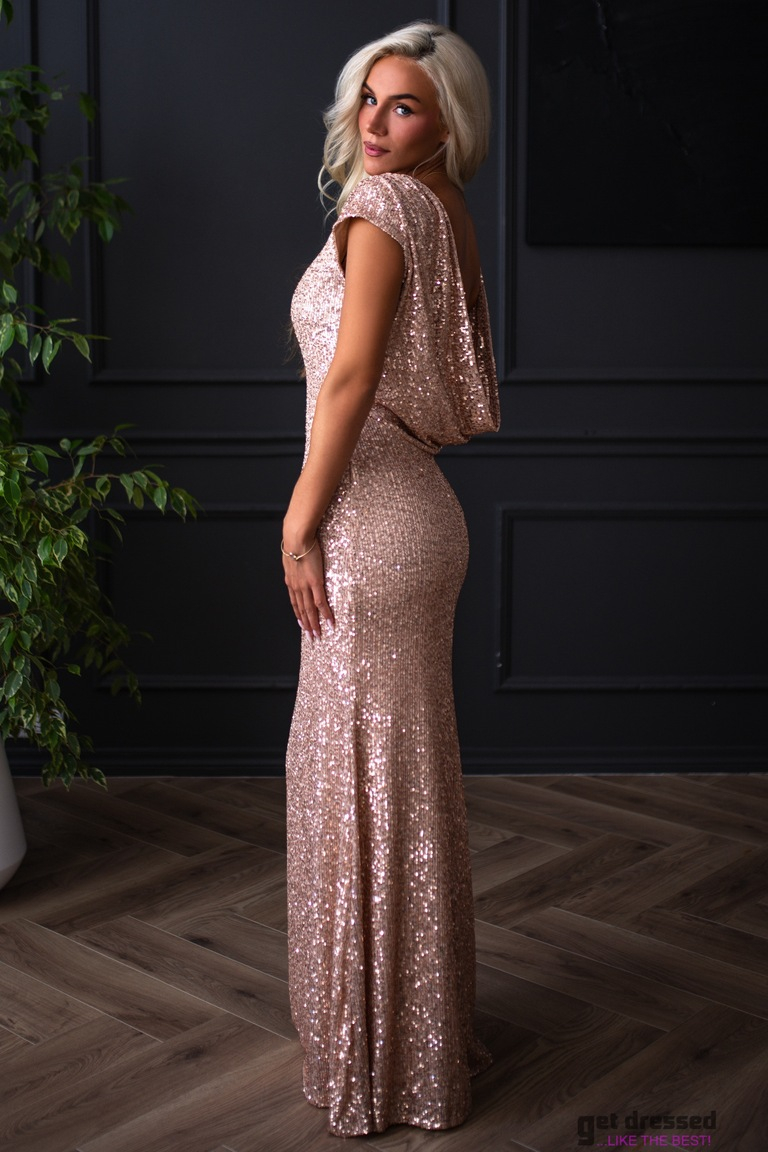 Šampanieša krāsas flitera maksi kleita ar nolaižamu muguru Laurell