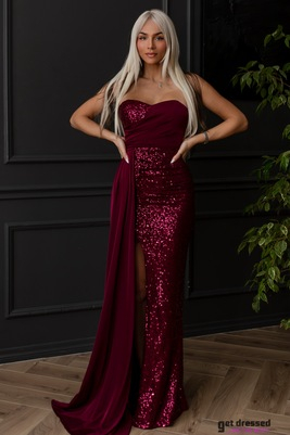 Tumši sarkana maxi kleita ar fliteriem un satīnu Luisiana