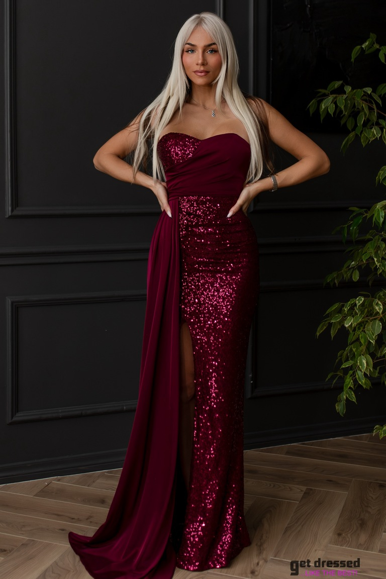 Tumši sarkana maxi kleita ar fliteriem un satīnu Luisiana