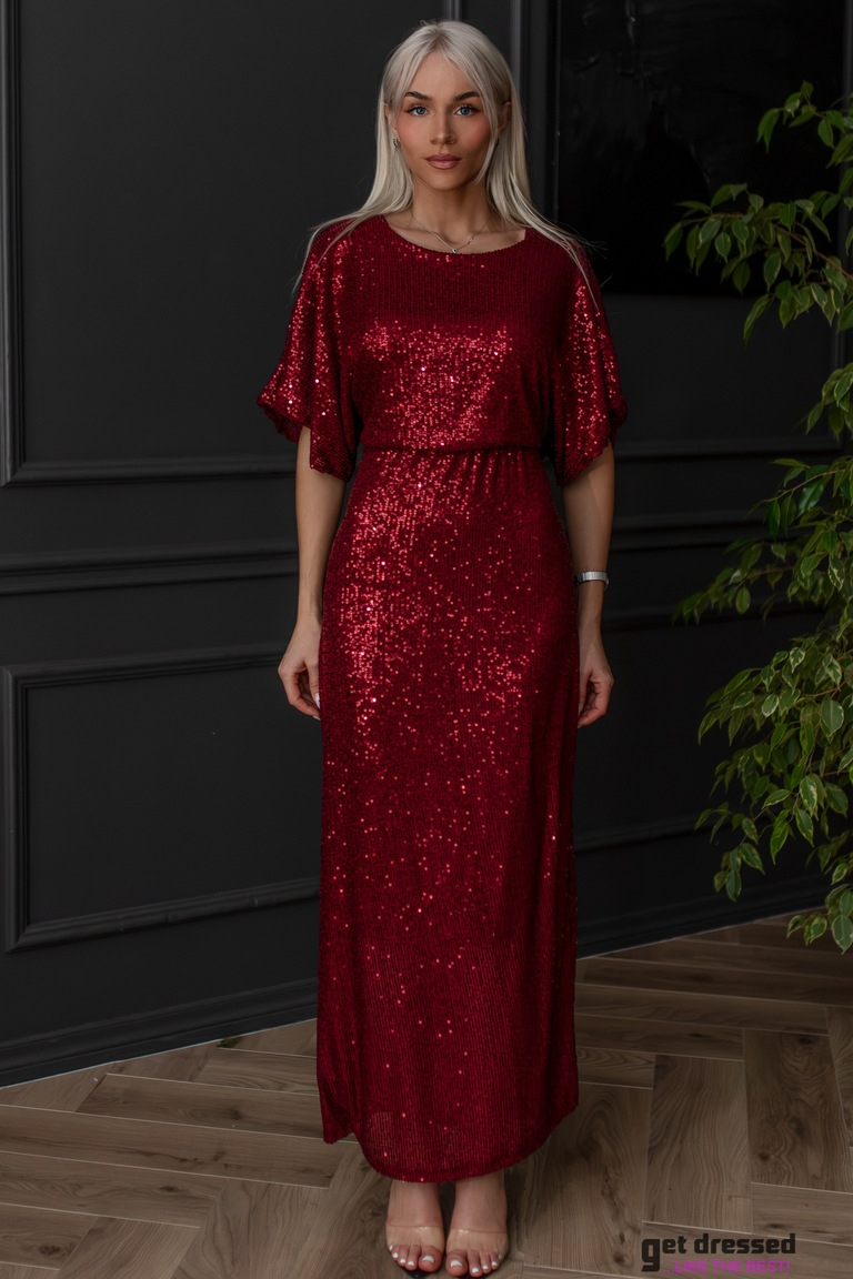 Tumši sarkana potītes garuma fliteru maxi kleita