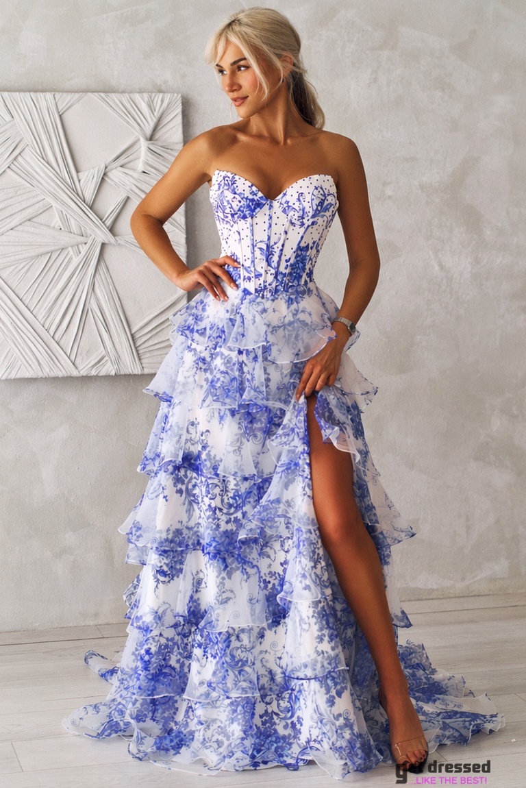 Maxi kleita Kristel – Zili/Balta ar Ziedu Rakstu