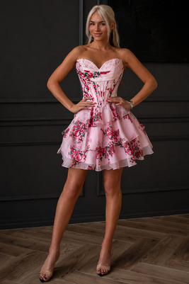 Izlaiduma Kleita Kertu Mini – Rozā ar Ziediem