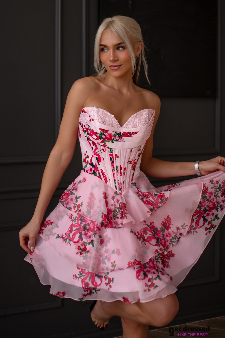 Izlaiduma Kleita Kertu Mini – Rozā ar Ziediem