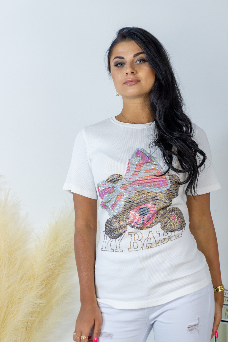 Balta rievota blūze ar Mõmmi attēlu